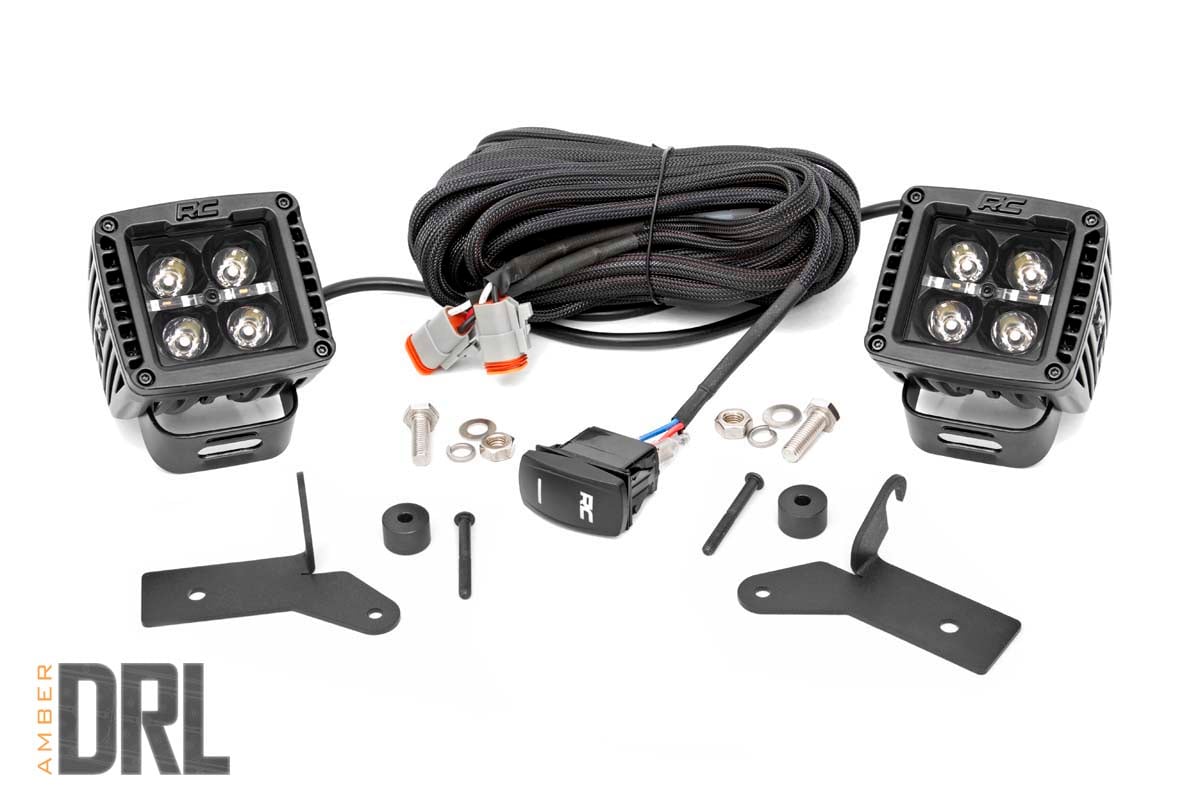 Jeep Wrangler LED Light Kit - Front - Rough Country - Hinge Mount, Amber DRL - Black - '18-'23